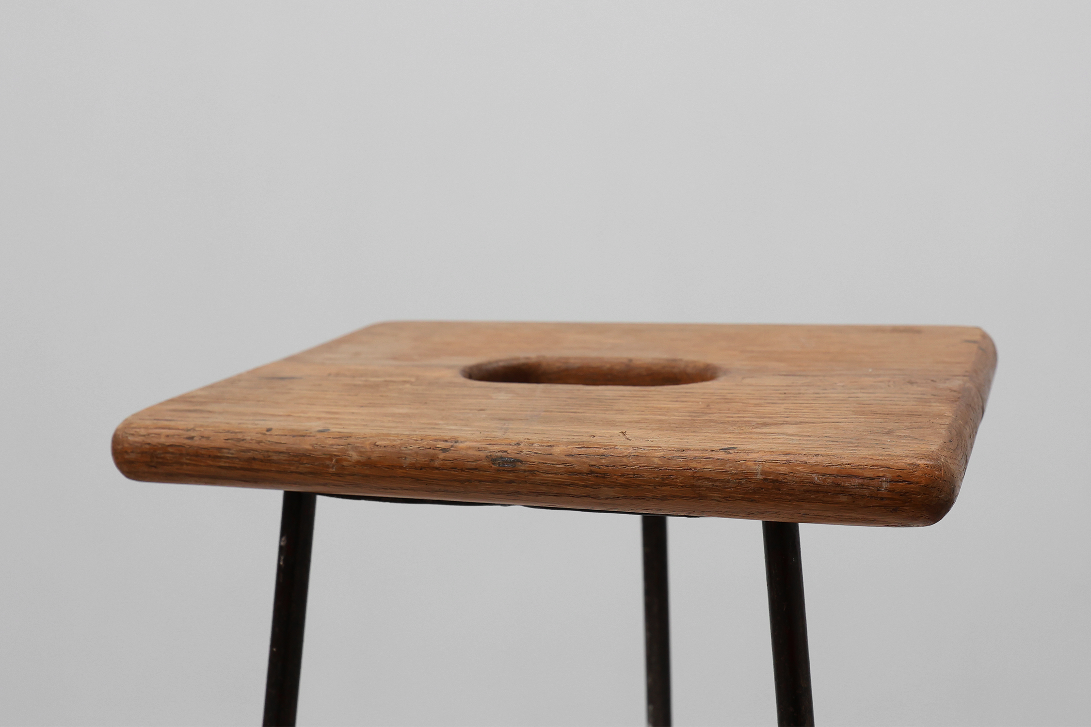 Modernist Industrial Iron and Oak Split Slats Stool, France ca. 1910thumbnail